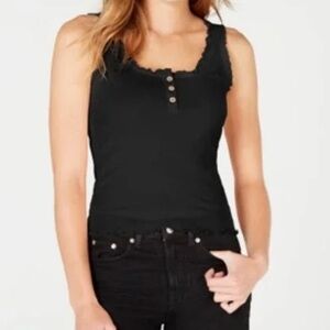 Ultra Flirt Henley Tank Top Cami Camisole Black Fitted Lettuce Hem Trim Sz Small